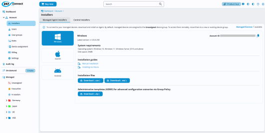 Installers page showing the Managed Agent Installers tab with Windows selected. It displays version info, system requirements, and installation guides. Installation files are available as .exe, .msi, and .zip (ADMX templates). Account ID is shown, along with Managed licences available. 